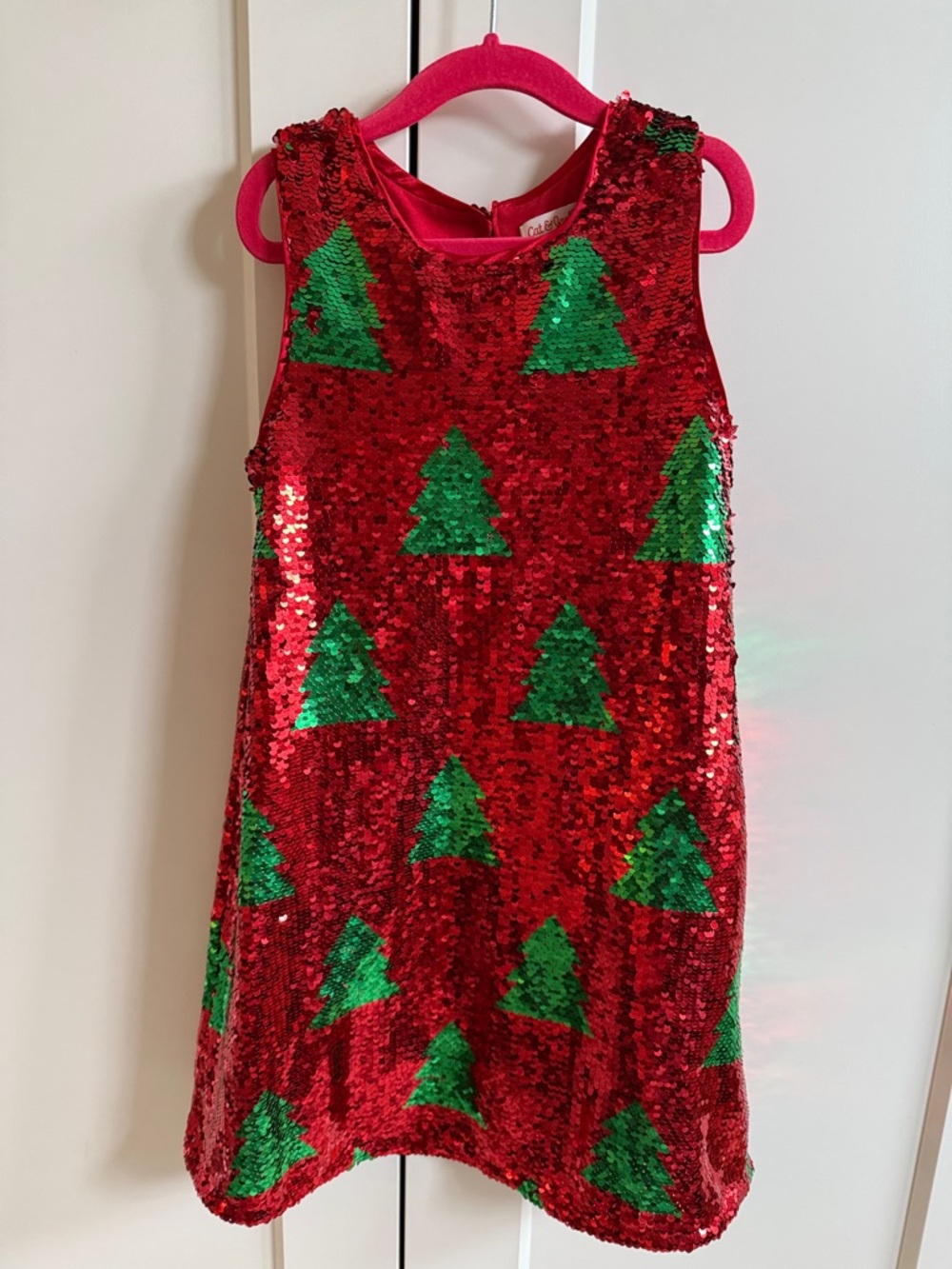 Cat & Jack Red Sequin Dress with Green Tree Accents